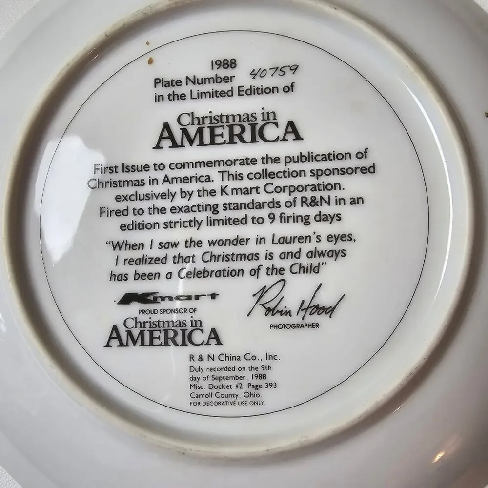Vintage 1988 Christmas in America Collection Limited Edition K Mart Decor Plate